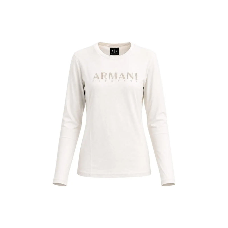 cremefarbenes Langarmshirt Armani Exchange Damen-T-Shirt aus Baumwolle mit einem dezenten silbernen Strasslogo auf der Brust