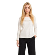 Armani Exchange Beigefarbenes Damen-Langarmshirt aus Baumwolle mit cremefarbenem Metallic-Logo und Strassverzierungen