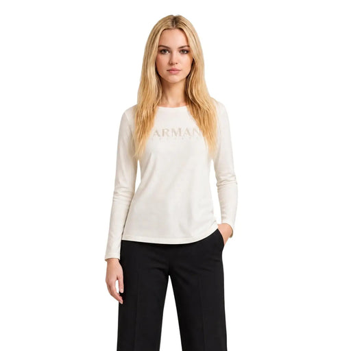 Armani Exchange Beigefarbenes Damen-Langarmshirt aus Baumwolle mit cremefarbenem Metallic-Logo und Strassverzierungen