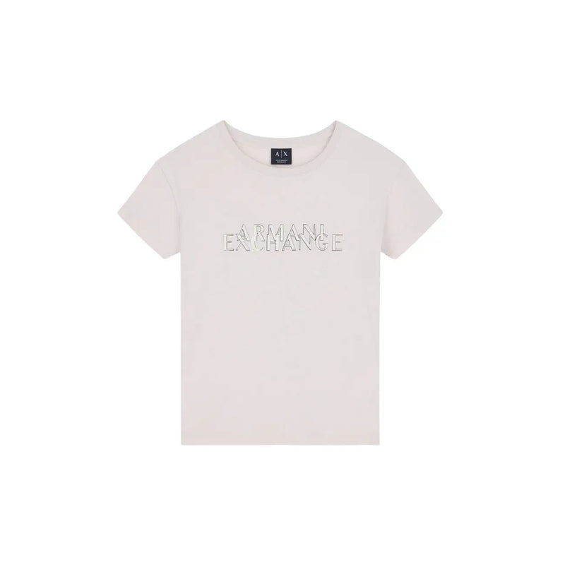 Armani Exchange Beigefarbenes Damen-T-Shirt aus Baumwolle mit Rundhalsausschnitt, cremefarbenem Design und dezentem, silberfarbenem Logo auf der Brust