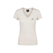 Armani Exchange Beigefarbenes Damen-Baumwoll-Kurzarmshirt mit cremefarbenem V-Ausschnitt und dezentem Metallic-Logo auf der linken Brust