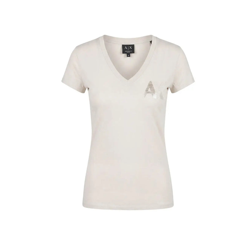 Armani Exchange Beigefarbenes Damen-Baumwoll-Kurzarmshirt mit cremefarbenem V-Ausschnitt und dezentem Metallic-Logo auf der linken Brust