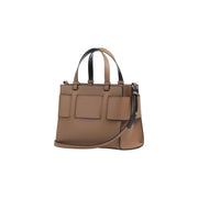 Armani Exchange Beige Damenhandtasche aus Polyurethan mit hellbraunem Leder und schwarzem Besatz, mit strukturierten Vordertaschen mit Klappe