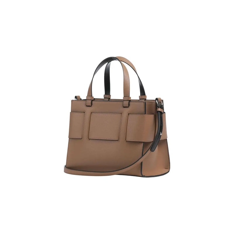 Armani Exchange Beige Damenhandtasche aus Polyurethan mit hellbraunem Leder und schwarzem Besatz, mit strukturierten Vordertaschen mit Klappe