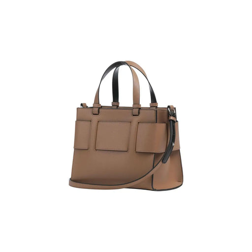 Armani Exchange Beige Damenhandtasche aus Polyurethan mit hellbraunem Leder und schwarzem Besatz, mit strukturierten Vordertaschen mit Klappe