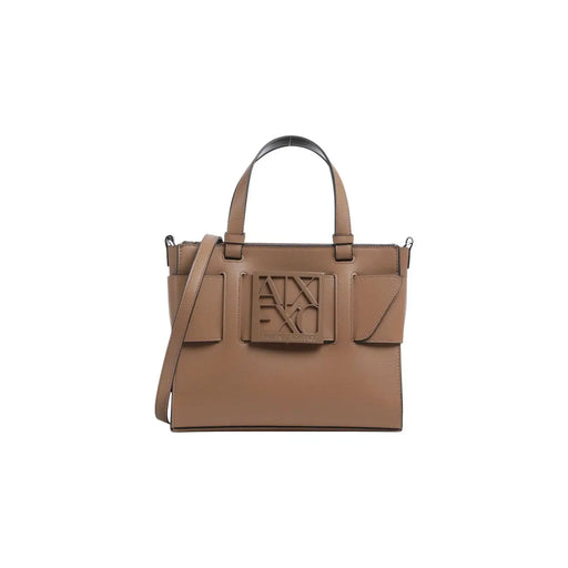 Armani Exchange Beige Damenhandtasche aus hellbraunem Polyurethan mit strukturiertem Design und geprägtem Logo-Emblem, 24 cm breit
