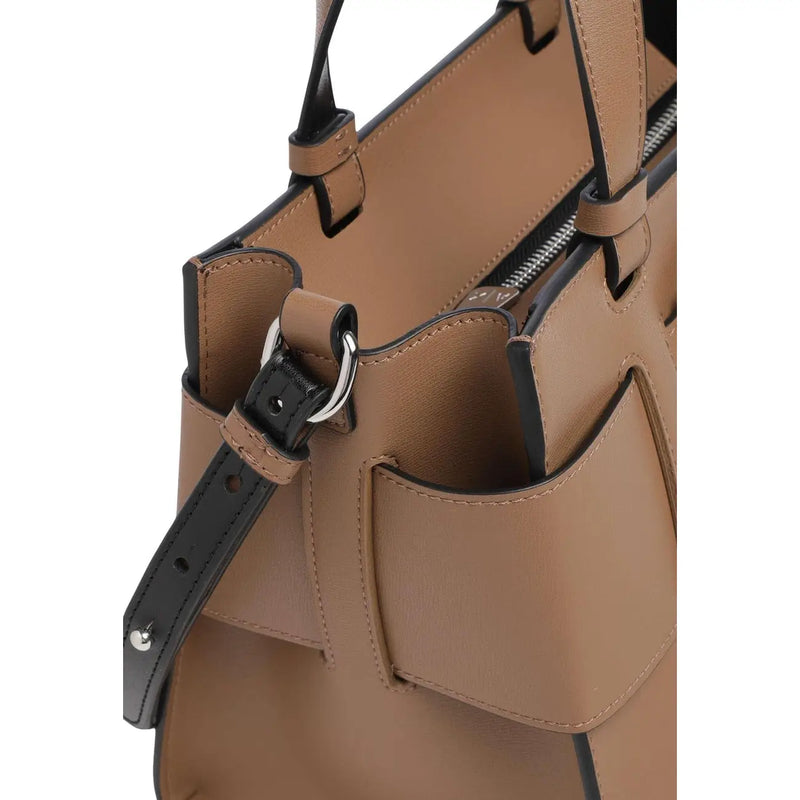 Armani Exchange Beige Damen-Tragetasche aus Leder mit schwarzem Besatz, silberfarbenen Beschlägen, Polyurethan, 24 cm breit