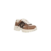 Armani Exchange women beige leather sneakers with brown and beige chunky mesh and suede upper and thick off-white sole