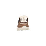 Armani Exchange women beige leather sneakers with brown and cream color and chunky white sole front view