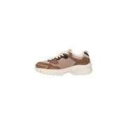 Armani Exchange women beige leather sneakers with brown and beige mesh, white laces, and chunky off-white sole