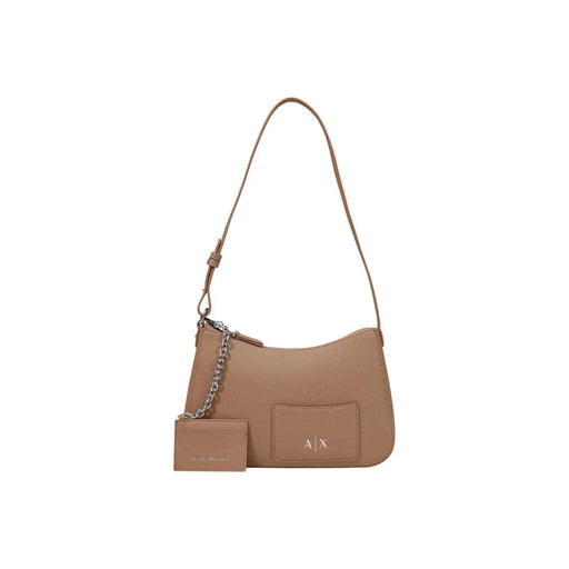 Armani Exchange Beigefarbene Schultertasche aus strukturiertem Leder für Damen mit silbernem Kettenriemen und passendem Logo-Kartenetui (B 30 x H 18 cm)