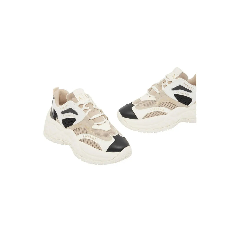 Armani Exchange women beige slip on sneaker with cream and black mesh chunky design and white rubber sole