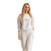 Armani Exchange women beige viscose blend sweatshirt with subtle metallic logo and matching joggers with embroidered a