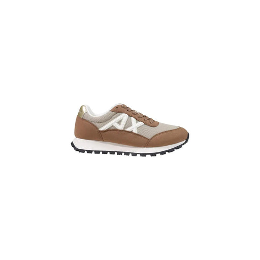 Armani Exchange Damen-Sneaker aus beigefarbenem Textil, niedrig geschnitten in Hellbraun und Beigetop mit weißem Axt-Logo aus Mesh- und Wildledermaterialien