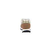 Armani Exchange women beige textile sneakers with white mesh upper tan leather panels and metallic gold heel tab