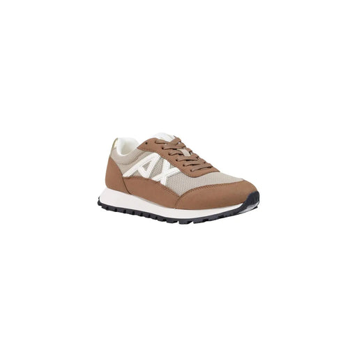 Armani Exchange Damen-Sneaker aus beigefarbenem Textil, hellbraunem und beigem Mesh und Leder, niedrig geschnittentop Sneaker mit weißer Zwischensohle und Axt-Logo