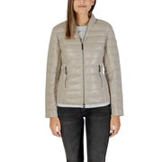 Light beige Armani Exchange women’s quilted puffer jacket with stand-up collar and zip front