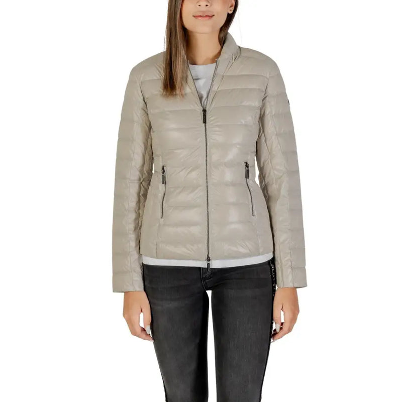 Light beige Armani Exchange women’s quilted puffer jacket with stand-up collar and zip front