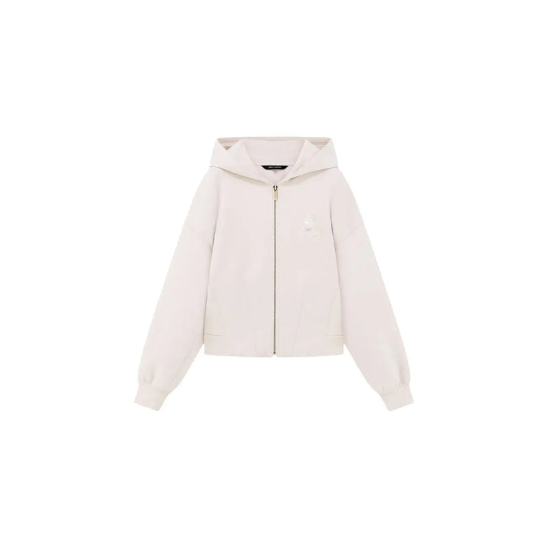 Armani Exchange women beige zip sweatshirt hoodie with cream-colored fabric and subtle embroidered chest logo
