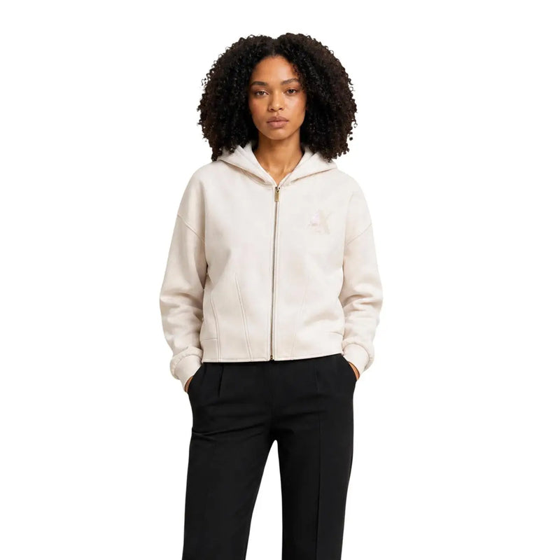 Armani Exchange women beige zip sweatshirt hoodie in cream color with subtle chest logo and zip-up front