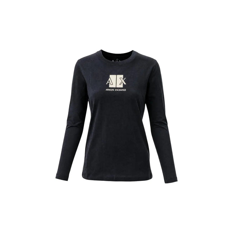 Armani Exchange Schwarzes Damen-T-Shirt aus Baumwolle mit langem Rundhalsausschnitt, langen Ärmeln und weißem Logo auf der Brust