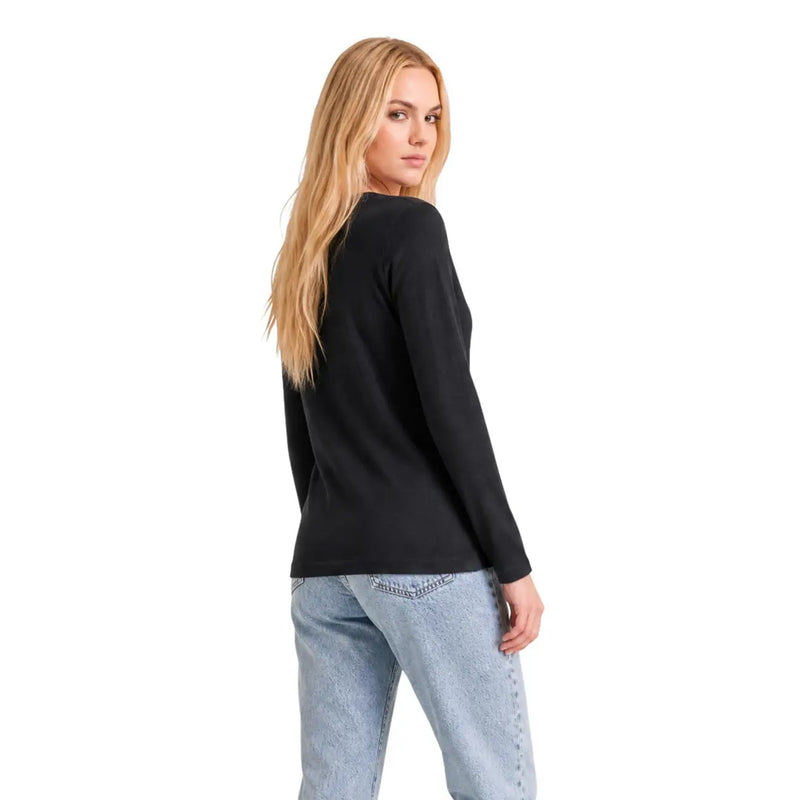 Armani Exchange Damen schwarzes Baumwoll-Langarmshirt top mit schlichtem, tailliertem Design und Rundhalsausschnitt