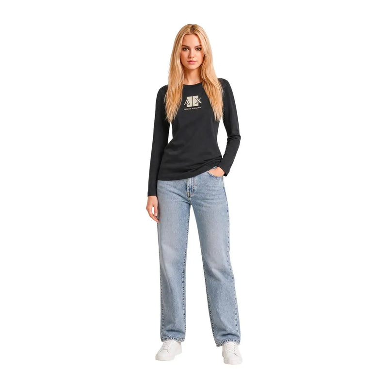 Armani Exchange Schwarzes Damen-Baumwoll-Langarmshirt mit Rundhalsausschnitt und weißem Logo auf der Brust