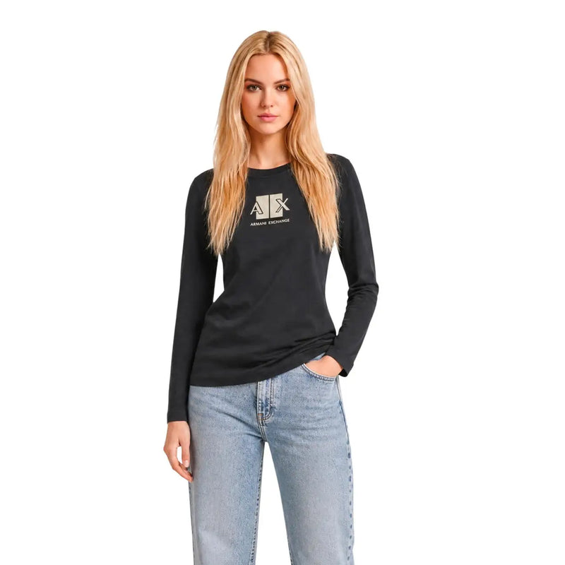 Armani Exchange Schwarzes Damen-Langarmshirt aus Baumwolle mit weißem Logo und Schriftzug auf der Brust
