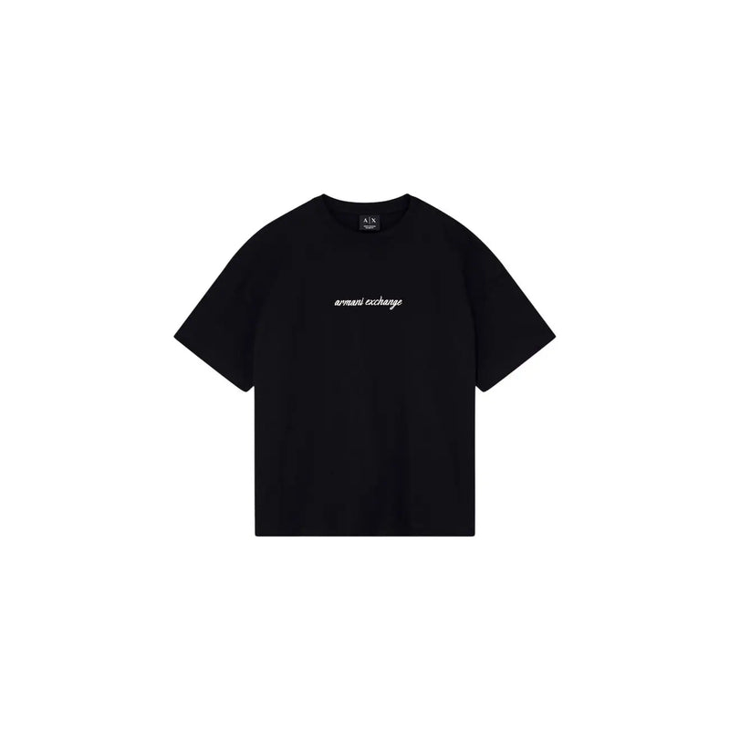Schwarze Baumwolle armani exchange Damen-T-Shirt mit Rundhalsausschnitt und weißer Schreibschrift armani exchange Schriftzug auf der Brust
