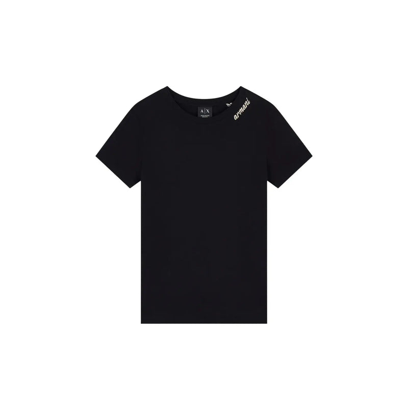 Armani Exchange Schwarzes Damen-T-Shirt aus Baumwolle mit kurzen Ärmeln und weißen Logo-Details an Schulter und Halsausschnitt