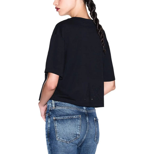 Armani Exchange Schwarzes, kurzes Baumwoll-T-Shirt für Damen mit dezentem, gesticktem Logo auf der Rückseite