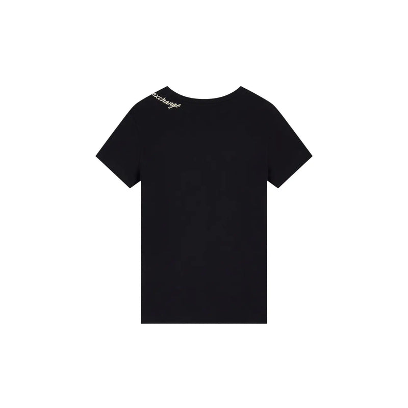 Armani Exchange Schwarzes Damen-T-Shirt aus Baumwolle mit Rundhalsausschnitt und weißer Stickerei „Exchange“ entlang der Schulternaht