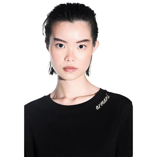 Armani Exchange Schwarzes Damen-T-Shirt aus Baumwolle mit Rundhalsausschnitt und silberner Stickerei an der Schulter