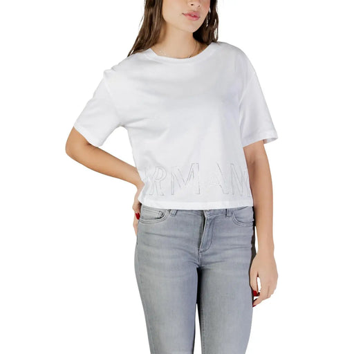 Armani Exchange women black cotton round neck t shirt with white cropped design and subtle silver embroidered logo