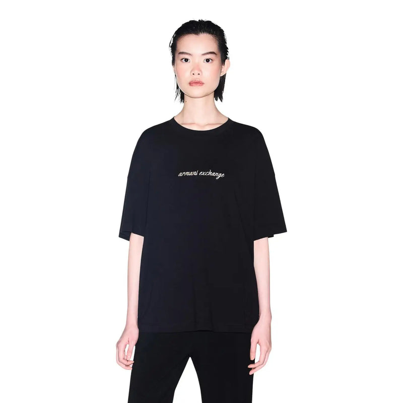 Schwarz armani exchange Oversize-Baumwoll-T-Shirt mit weißem, gesticktem Logo und Rundhalsausschnitt für Damen