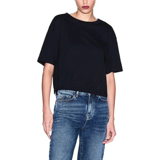 Armani Exchange Schwarzes, kurzes Baumwoll-T-Shirt für Damen mit kurzen Ärmeln und dezentem, gesticktem Logo auf der Vorderseite