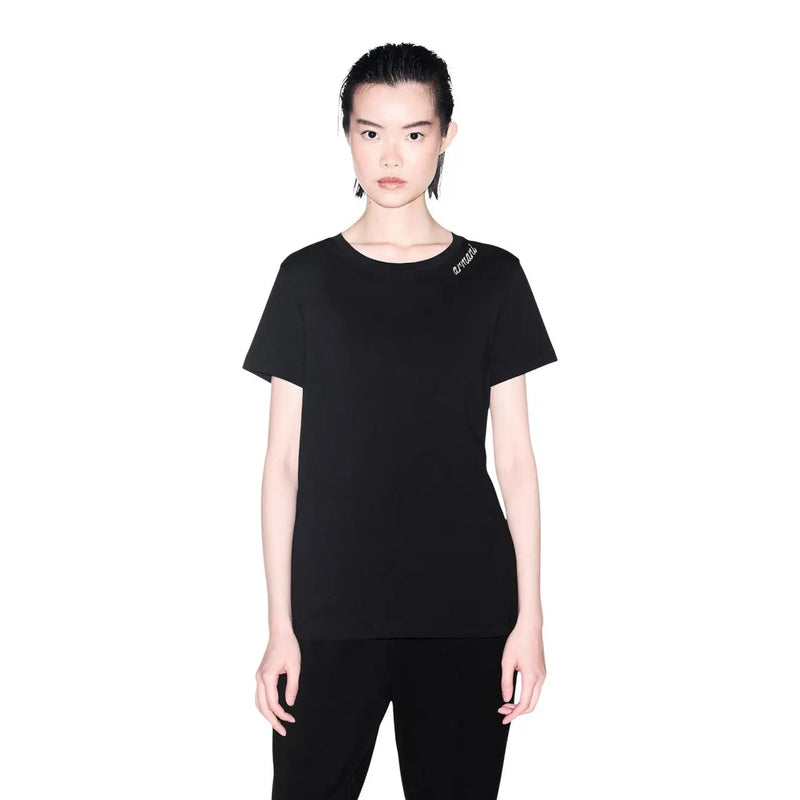 Armani Exchange Schwarzes Damen-T-Shirt aus Baumwolle mit Rundhalsausschnitt, kurzen Ärmeln und dezentem, gesticktem Logo auf der linken Schulter