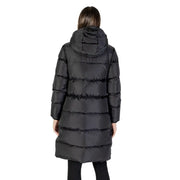 Armani Exchange Women Black Hooded Polyamide Jacket featuring a long black puffer coat with hood