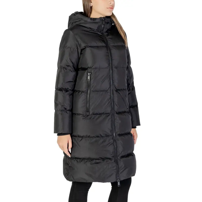 Women’s long black hooded puffer coat from Armani Exchange displaying a stylish polyamide jacket