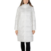 Women’s white long puffer coat displayed in Armani Exchange Women Black Hooded Polyamide Jacket