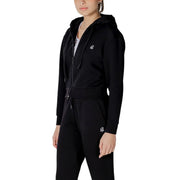 Armani Exchange women black zip-up hoodie with embroidered logo on chest and sleeve made of soft fleece material
