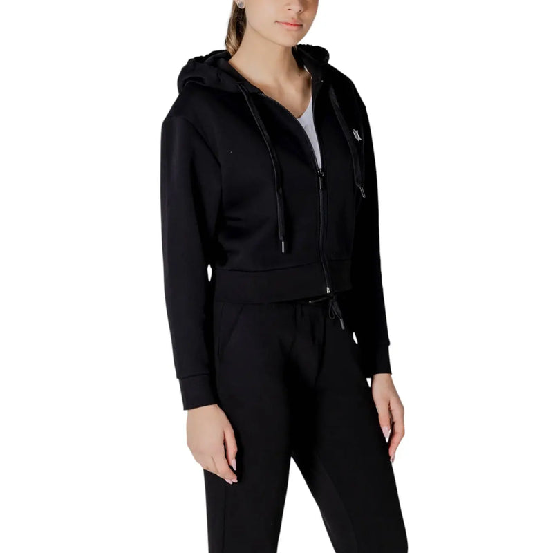 Armani Exchange women black zip-up hoodie with drawstring hood and subtle chest logo in soft fabric