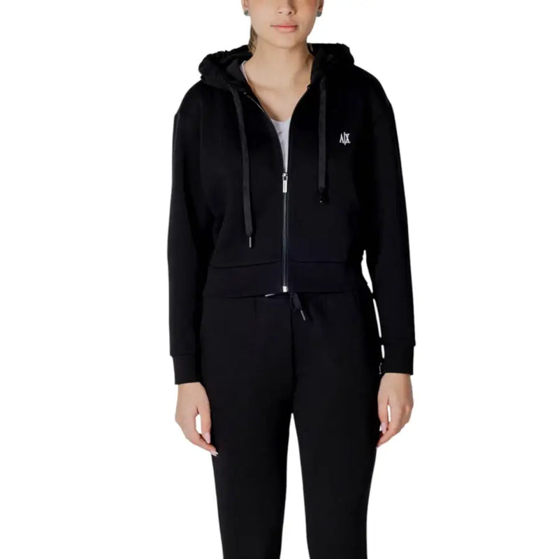 Armani Exchange women black zip-up hoodie with plush-lined hood and subtle white chest logo in soft fabric
