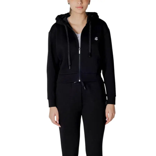 Armani Exchange women black zip-up hoodie with plush-lined hood and subtle white chest logo in soft fabric
