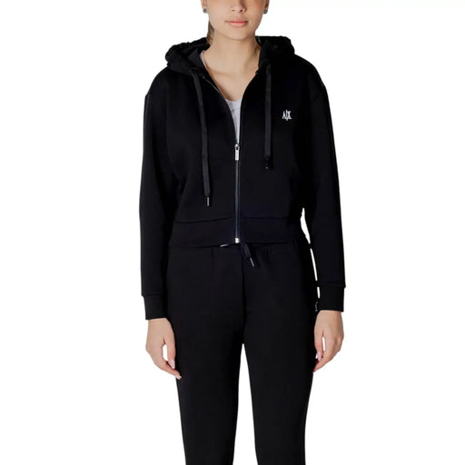 Armani Exchange women black zip-up hoodie with plush-lined hood and subtle white chest logo in soft fabric