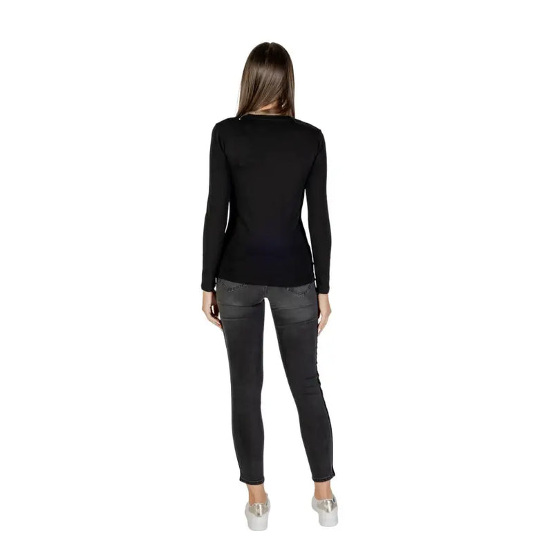 Armani Exchange women black long sleeve fitted t shirt with round neck and rhinestone embellishments