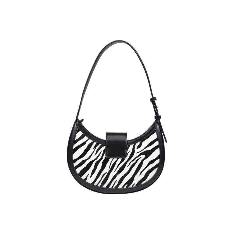 Armani Exchange women black polyester handbag featuring a black and white zebra-print shoulder bag with a curved design