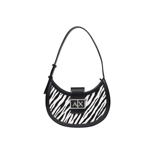 Armani Exchange Schwarze Damenhandtasche aus Polyester mit schwarz-weißem Zebramuster, elegantem, geschwungenem Design und silbernem Axt-Logo-Emblem