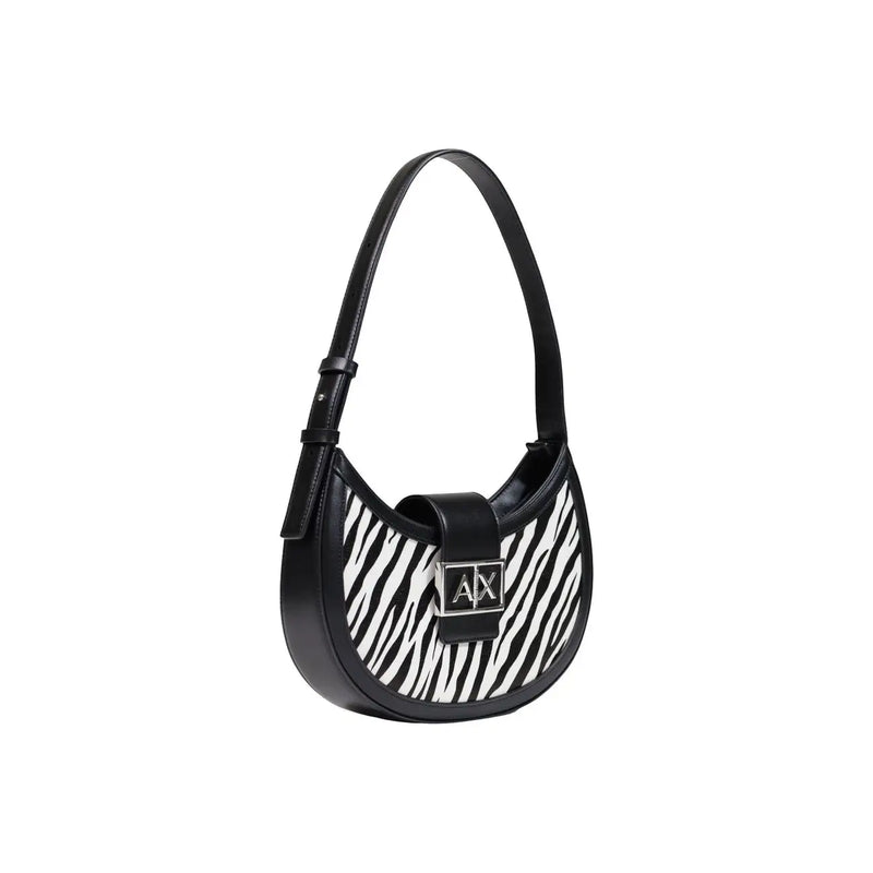 Armani Exchange women black polyester handbag featuring black and white zebra print hobo design with leather strap and ax clasp