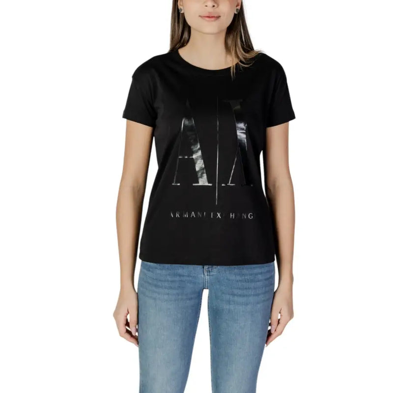 Armani Exchange Schwarzes Damen-T-Shirt aus weicher Baumwolle mit großem, reflektierendem silbernen Logo-Aufdruck auf der Brust
